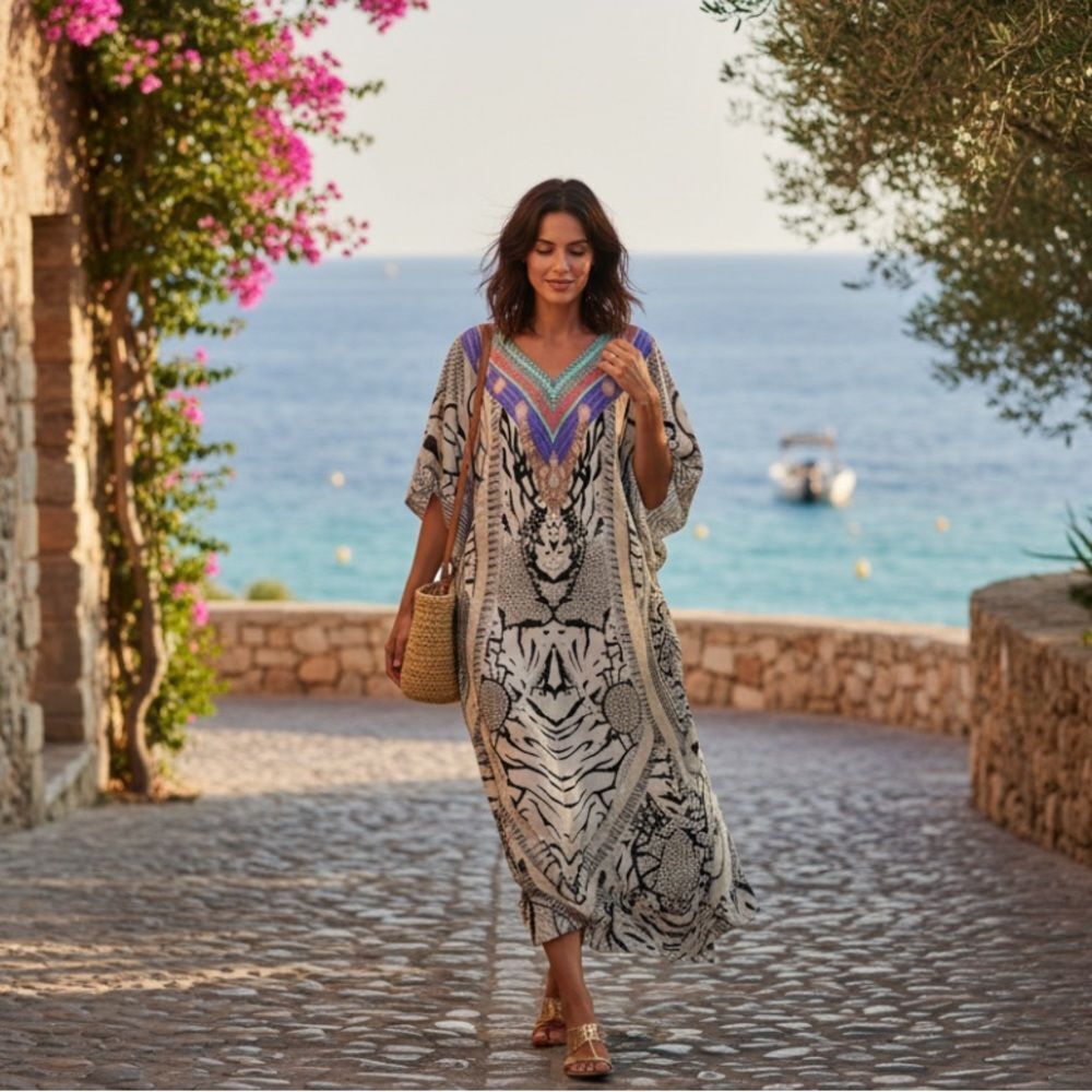 Gypstie Blu Boho Print Kaftan Maxi Dress One Size
